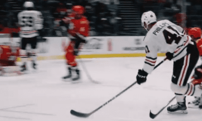 Isaak Philipps #41 of the Chicago Blackhawks fires a shot to give the Blackhawks the lead.